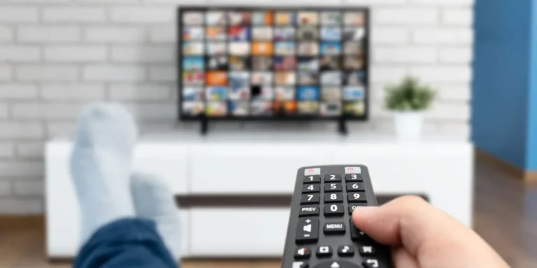 Controle remoto diante de uma televisão com programação