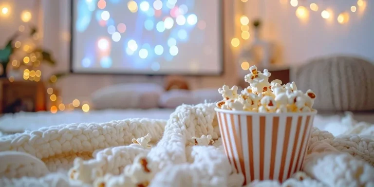 Pipoca e sala preparada para assistir à televisão